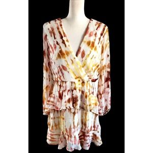 Leith Chiffon Tiered Ruffle Tie-Dye Print Cream & Brown V-Neck Mini Dress Sz L